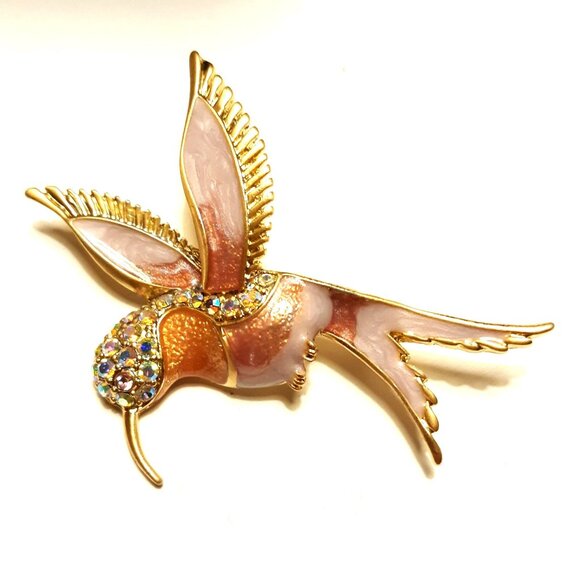 Preston & York Hummingbird Brooch Pin With Rhinestones Gold & Pink Vintage Jewel - Picture 1 of 4